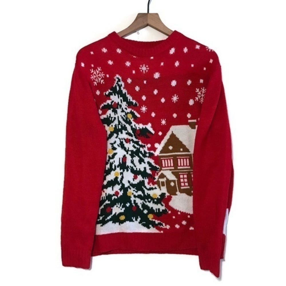 Holiday Ugly Christmas Sweater Tree snow House Red Snowflakes Men’s Size Medium